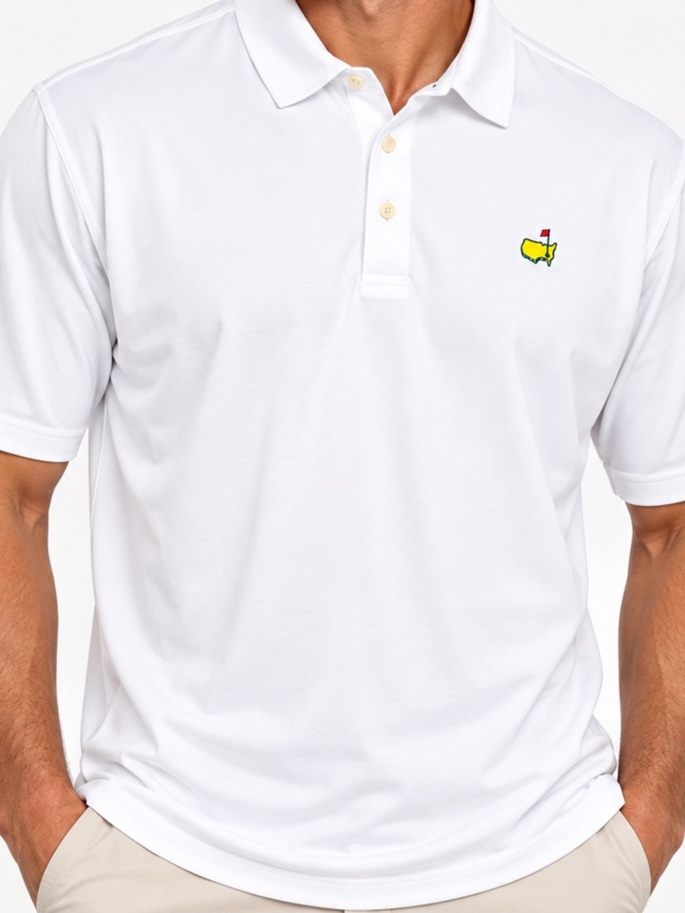 Masters White Short-Sleeve Polo with Small Yellow Embroidered Logo